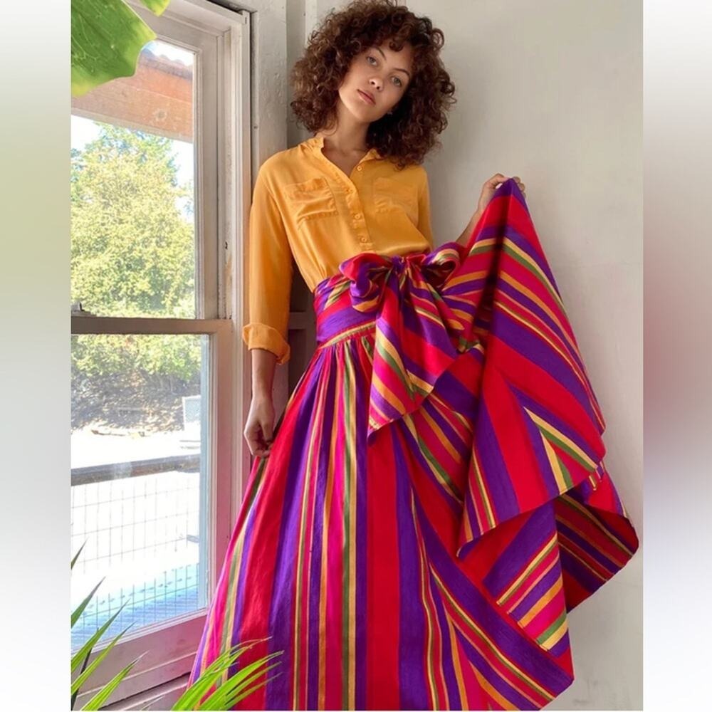 Ralph Lauren Vintage Silk Multicolor Striped Maxi Skirt 8 - Picture 6 of 13